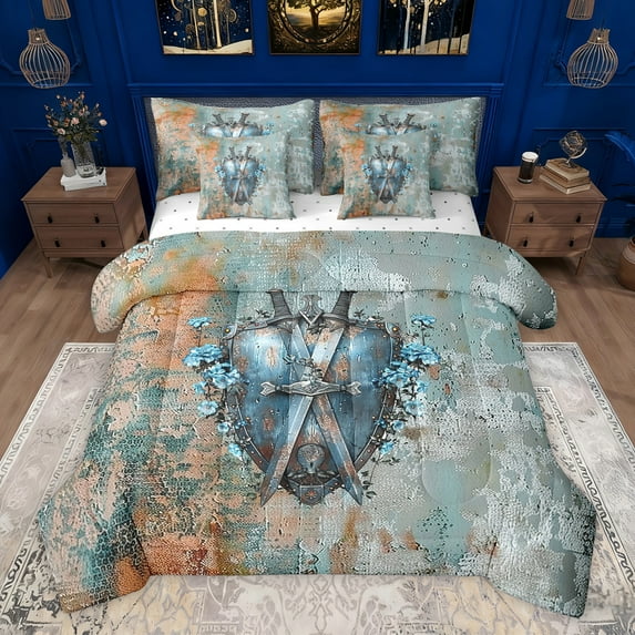 Homewish Retro Medieval Knight Twin Bedding Sets 7-Piece for Boys Girls,Vintage Soldier Sword Bedding Comforter Set Microfiber,Chic Floral Flower Breathable Sheet Sets,Lightweight Room Decor