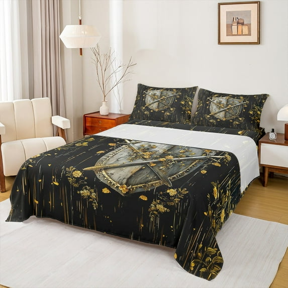 Homewish Retro Medieval Knight Twin Sheet Sets 3pcs for Boys Girls,Vintage Soldier Sword Twin Fitted Sheet Microfiber,Chic Floral Flower Breathable Flat Sheet,Lightweight Room Decor