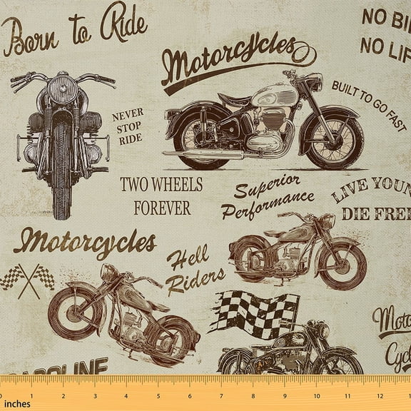 Homewish Retro Motorcycle Fabric by the Yard 1 Yard,Extreme Sport Theme Home Decor Fabric by the Yard,Beige Dirt Bike Sewing Fabric For Boys Teens,Breathable Home Decor