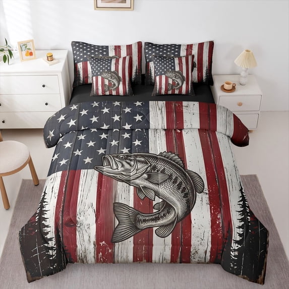 Homewish Retro Northern Pike 7-Piece Twin Bedding,Vintage American Flag Bedding Comforter Set,Blue Red White,Black Reversible