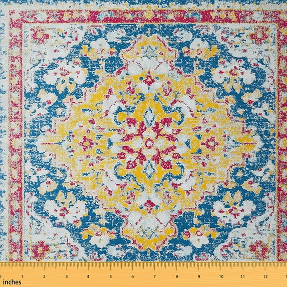 Homewish Retro Oil Painting Fabric by the Yard 1 Yard,Vintage Boho Floral Home Decor Fabric by the Yard,Red Gray Blue Sewing Fabric For Adult,Microfiber Bedroom Decor