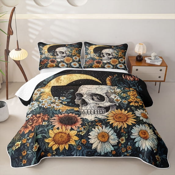 Homewish Retro Oil Painting Skull Halloween Quilt King for Boys Girls, Sunflower Floral Daisy Bloom King Coverlet Set, 3pcs