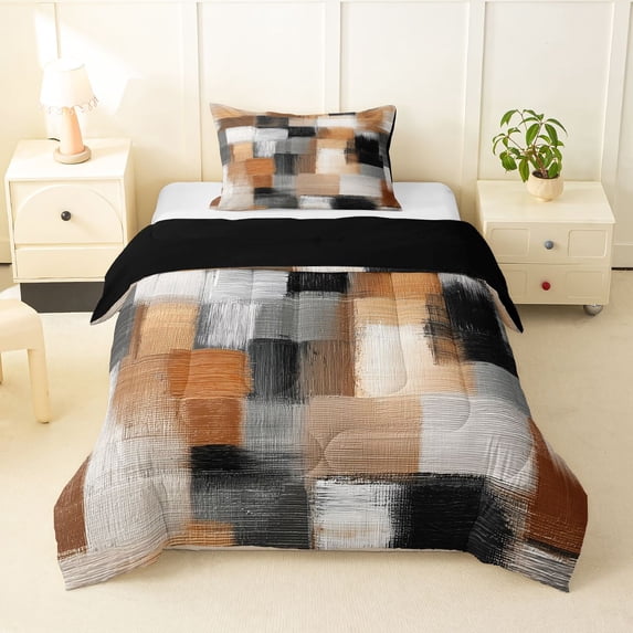 Homewish Retro Orange Checkerboard Twin Comforter Sets,Vintage Geometric Art Bedding Set,Black Reversible,2-Piece,1 Comforter and 1 Pillowcase