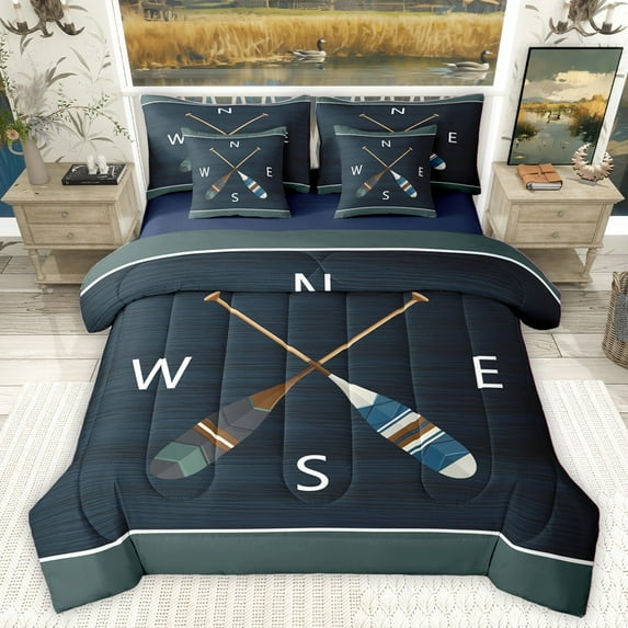 Homewish Retro Paddle Bedding Comforter Set 7 Pieces for Female Men Adults,Lake House Full Bedding Set Lightweight,Rustic Vintage Cabin Fitted Sheet Flat Sheet,Super Cozy Room Decor,Reversible