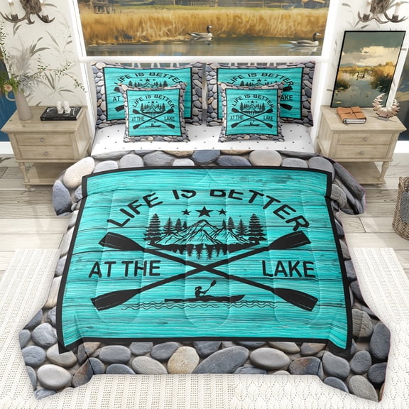 Homewish Retro Paddle Twin Bedding Sets 7-Piece for Female Men Adults,Lake House Bedding Comforter Set Microfiber,Rustic Vintage Cabin Breathable Sheet Sets,Super Cozy Room Decor,Reversible