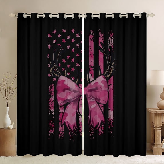 Homewish Retro Pink Bowknot Black Out Curtains for Girl, Western American Flag Curtains Pack of 2 (42x63 Each), Camo Abstract Ombre Bedroom Curtains, Window Curtains Home Decor