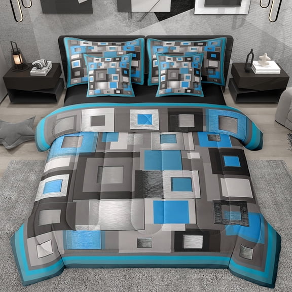 Homewish Retro Plaid Pattern 7-Piece Bedding Comforter Set,Modern Geometric Check King Bedding Sets,Gray Blue Bed Sheets For Teens,Microfiber Bedroom Decor Reversible