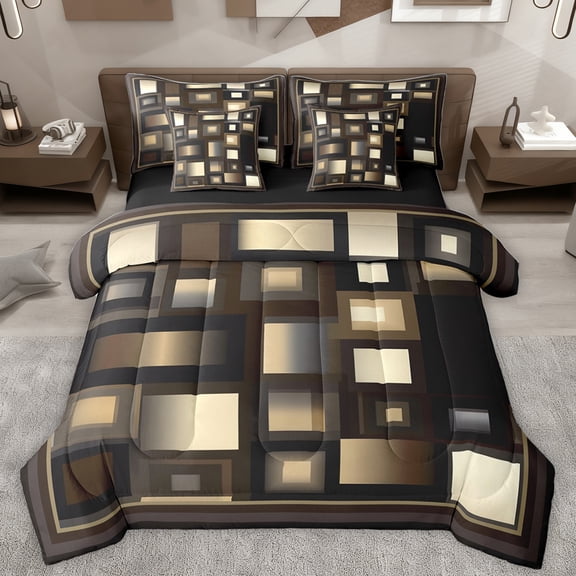Homewish Retro Plaid Pattern 7-Piece Bedding Comforter Set,Modern Geometric Check King Bedding Sets,Yellow Black Bed Sheets For Teens,Microfiber Bedroom Decor Reversible
