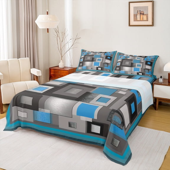 Homewish Retro Plaid Pattern Bed Sheets,Modern Geometric Check King Sheets,Gray Blue Sheet Set For Teens,Microfiber Bedroom Decor,4 Pieces