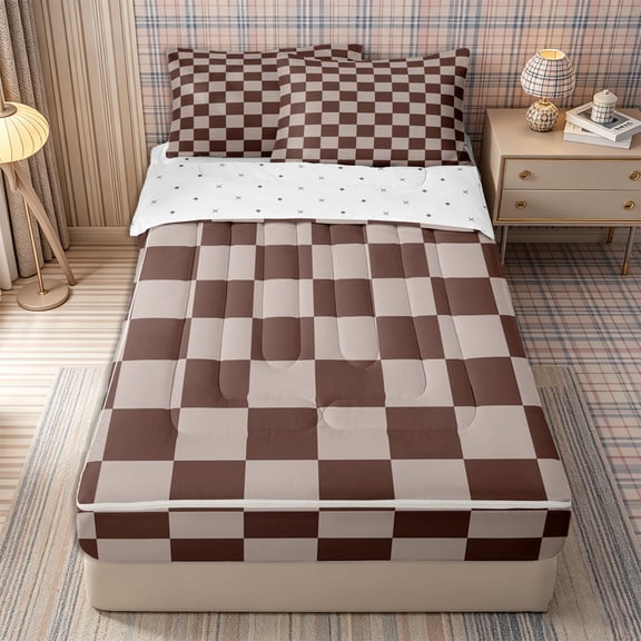 Homewish Retro Plaid Zipper Full Size Comforter Sets with Fitted Sheet and 2 Pillowcases, Classic Grid Zipper Bedding Set, Brown Tan,Reversible,4pcs