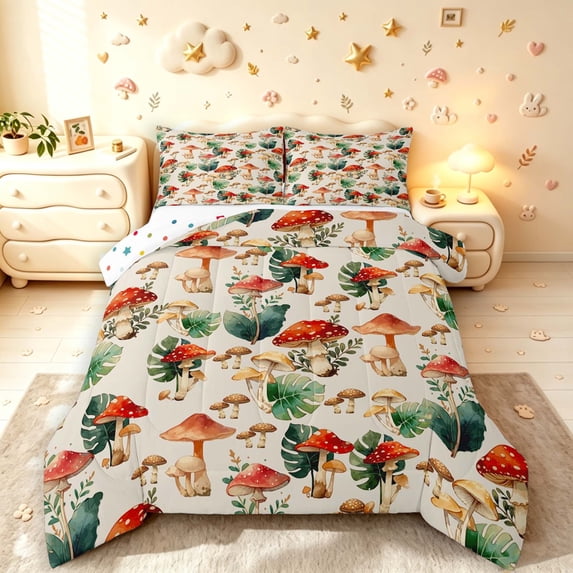Homewish Retro Plant Mushrooms Queen Comforter Set,Wild Botanical Fungi Comforter Sets Queen,Beige,Polkadot Reversible,3-Piece,1 Comforter and 2 Pillowcases