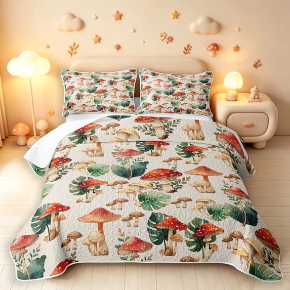 Homewish Retro Plant Mushrooms Quilt King,Wild Botanical Fungi King Coverlet Set,Beige,Polkadot Reversible,3 Pieces