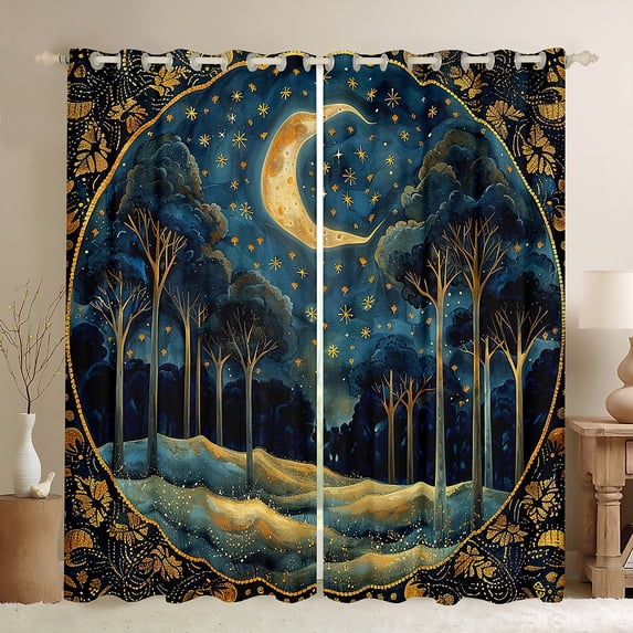 Homewish Retro Plants Tree Black Out Curtains For Teens Female Girls,Starry Sky Curtains Pack of 2 (42x63 Each),Bohemian Theme Bedroom Curtains,Exotic Style Room Decor