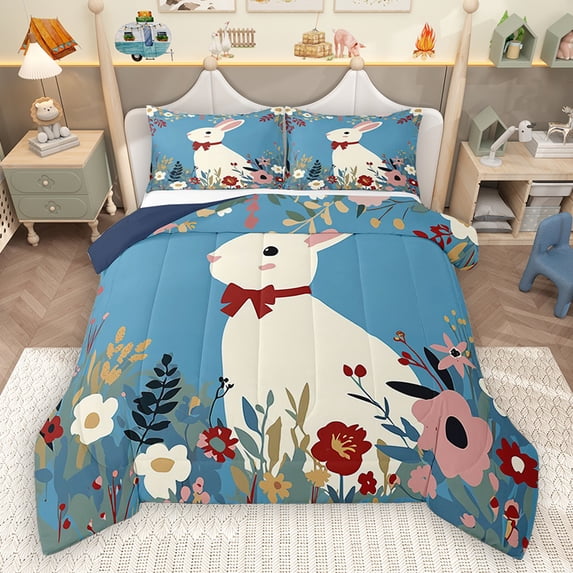Homewish Retro Rabbit Twin Comforter Set 2pcs, Rustic Floral Bedding Sets