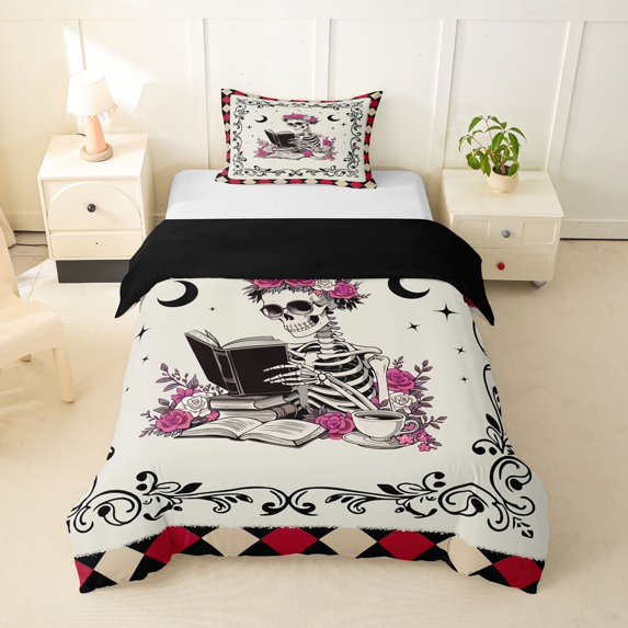 Homewish Retro Reading Skeleton Twin Duvet Cover for Kids, Checkered Rose Witchy Twin Bedding, Black Reversible, 2-Piece, 1 Duvet Cover and 1 Pillowcase