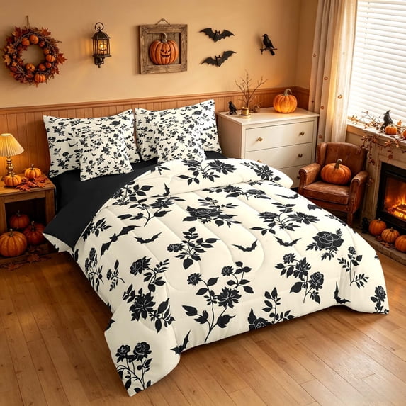 Homewish Retro Rose Twin Bedding, Gothic Floral Bedding Comforter Set, Cream Black, Black Reversible 7pcs