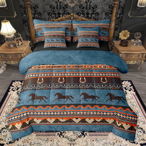 Homewish Retro Rustic Aztec 7-Piece Bedding Comforter Set,Farmhouse Horse Horseshoe King Bedding Sets,Blue Brown Bed Sheets For Men Women,Breathable Home Decor Reversible