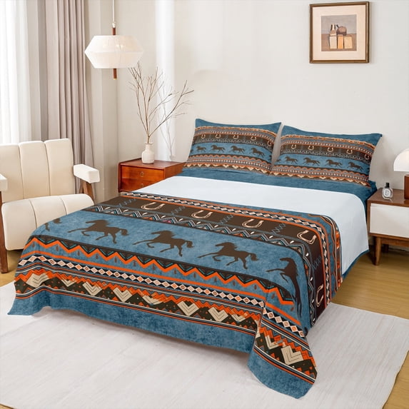 Homewish Retro Rustic Aztec Full Size Sheets,Farmhouse Horse Horseshoe Bed Sheets,Blue Brown Sheet Sets For Men Women,Breathable Home Decor,4pcs