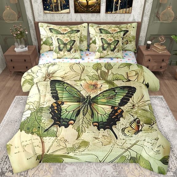 Homewish Retro Rustic Butterfly 7pcs Bedding Comforter Set,Vintage Country Leaves Queen Bedding Sets,Green Beige Queen Sheet Sets For Kids,Super Cozy Room Decor Reversible