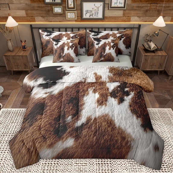 Homewish Retro Rustic Cowhide 7pcs Bedding Comforter Set,Western Cowboy Queen Bedding Sets,Brown Cattle Hide Queen Sheet Sets For Men Women,Luxury Bedroom Decor Reversible