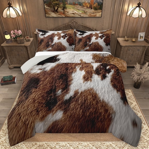 Homewish Retro Rustic Cowhide Bedding Comforter Set,Western Cowboy Twin Comforter Sets,Brown Cattle Hide Bedding Set For Men Women,Luxury Bedroom Decor Reversible,2-Piece