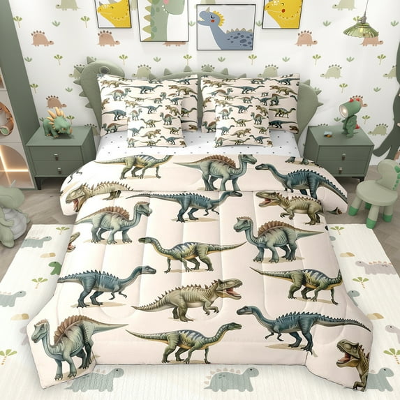 Homewish Retro Rustic Dino 7 Pieces Bedding Comforter Set,Ancient Animal Dinosaur Full Bedding Set,Brown Green Fitted Sheet Flat Sheet For Teens,Microfiber Bedroom Decor Reversible