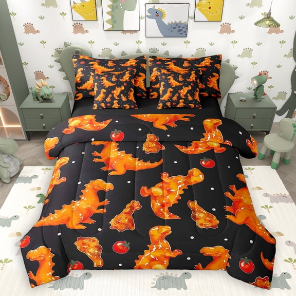 Homewish Retro Rustic Dino 7pcs Bedding Comforter Set,Abstarct Dinosaur Queen Bedding Sets,Black Orange Queen Sheet Sets For Teens,Microfiber Bedroom Decor Reversible