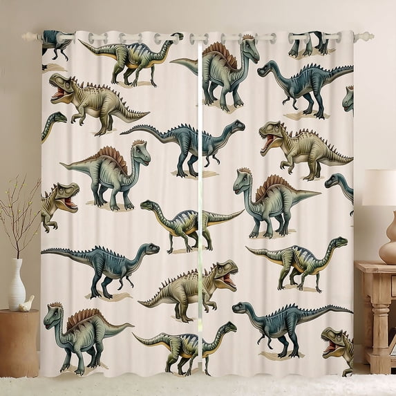 Homewish Retro Rustic Dino Blackout Curtains Set of 2 (52x84 Each),Ancient Animal Dinosaur Window Curtains,Brown Green Curtains and Drapes For Teens,Microfiber Bedroom Decor