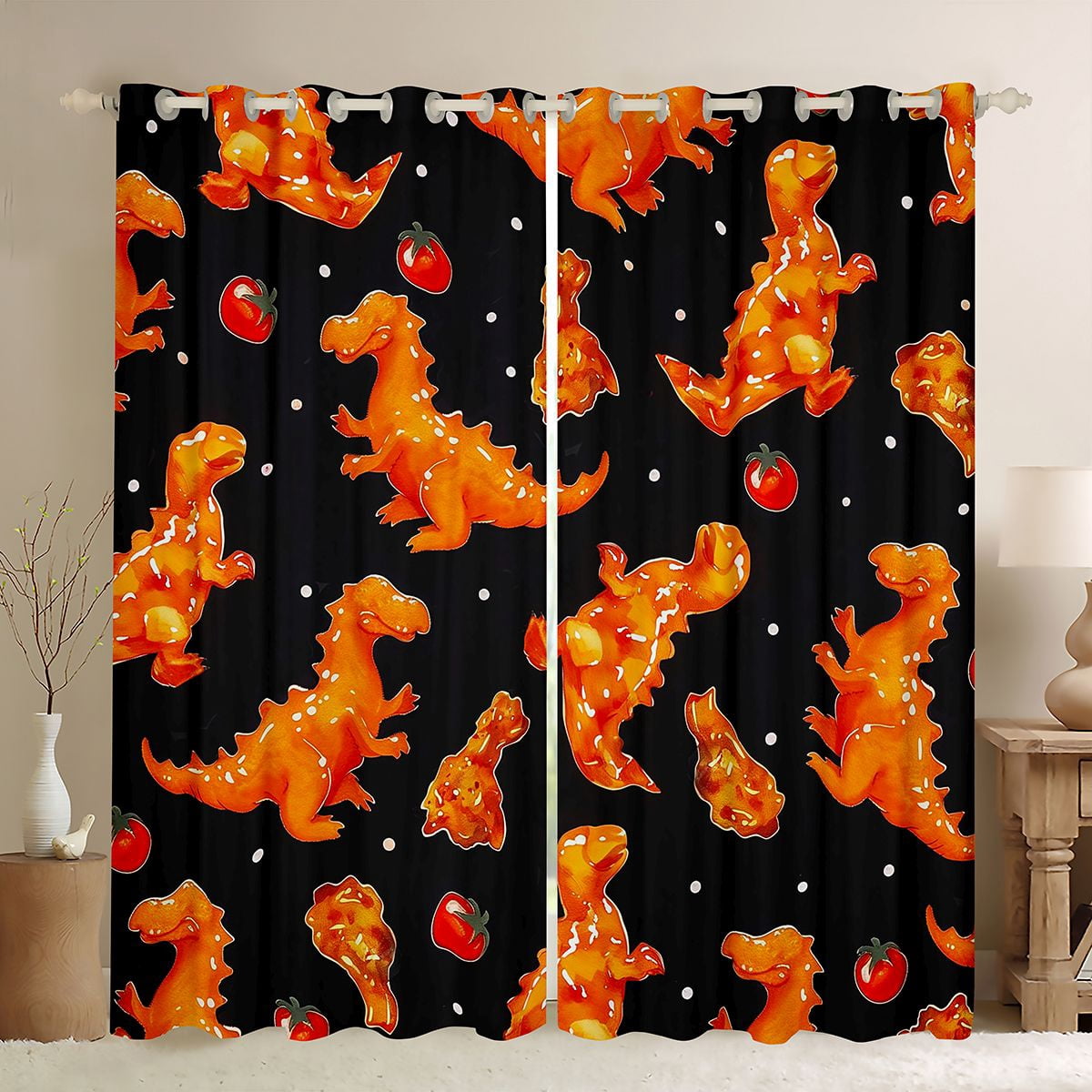 Homewish Retro Rustic Dino Curtains Pack of 2 (42x84 Each),Abstarct Dinosaur Curtains Blackout,Black Orange Bedroom Curtains For Teens,Microfiber Bedroom Decor