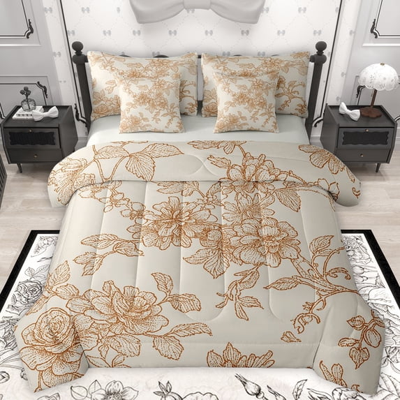 Homewish Retro Rustic Floral 7-Piece Twin Bedding Sets,Country Floral Bedding Comforter Set,Orange Gray Sheet Sets For Girls,Ultra Soft Home Decor Reversible