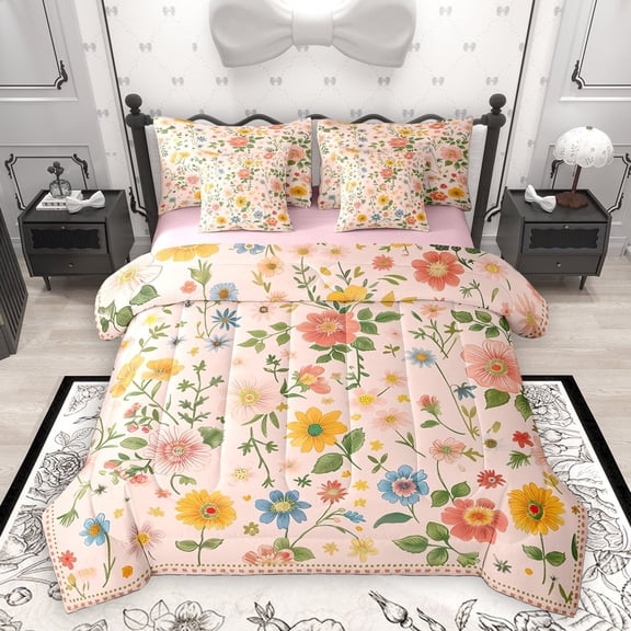 Homewish Retro Rustic Floral 7-Piece Twin Bedding Sets,Spring Natural Theme Bedding Comforter Set,Pink Orange Green Sheet Sets For Girls Boys,Luxury Bedroom Decor Reversible