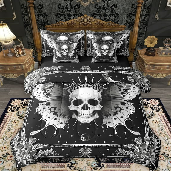 Homewish Retro Rustic Floral 7-Piece Twin Bedding Sets,White Black Bedding Comforter Set,Gothic Skeleton Moth Sheet Sets For Adults,Luxury Bedroom Decor Reversible
