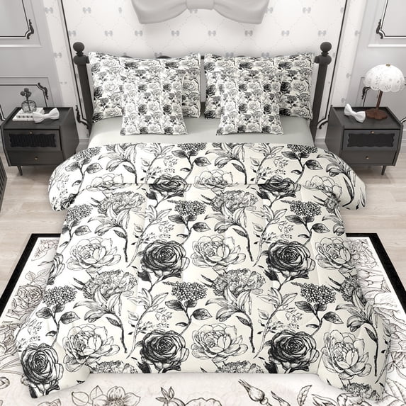Homewish Retro Rustic Floral 7pcs Bedding Comforter Set,Country Floral Queen Bedding Sets,Black Beige Gray Queen Sheet Sets For Girls,Ultra Soft Home Decor Reversible