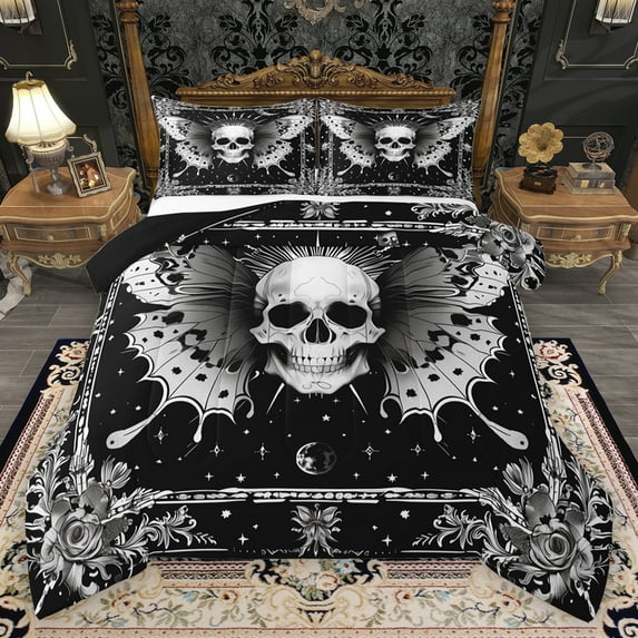 Homewish Retro Rustic Floral Full Size Comforter Sets,White Black Bedding Comforter Set,Gothic Skeleton Moth Bedding Sets For Adults,Luxury Bedroom Decor Reversible,3 Pieces