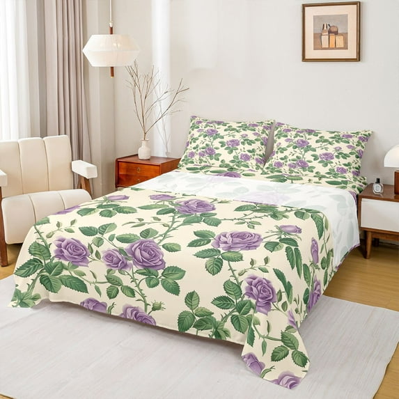 Homewish Retro Rustic Floral Full Size Sheets,Spring Natural Theme Bed Sheets,Purple Beige Green Sheet Sets For Girls Boys,Luxury Bedroom Decor,4 Pieces