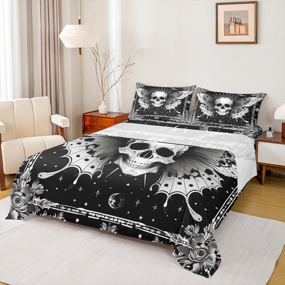 Homewish Retro Rustic Floral Full Size Sheets,White Black Bed Sheets,Gothic Skeleton Moth Sheet Sets For Adults,Luxury Bedroom Decor,4 Pieces
