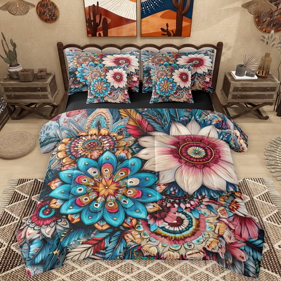 Homewish Retro Rustic Flower 7-Piece Bedding Comforter Set,Boho Style Plant King Bedding Sets,Bohemain Floral Bed Sheets For Girls Kids,Microfiber Bedroom Decor Reversible