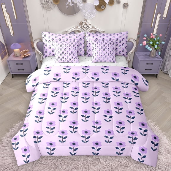 Homewish Retro Rustic Flower 7-Piece Bedding Comforter Set,Cartoon Floral Daisy King Bedding Sets,Purple Daisy Bed Sheets For Girl Kids,Microfiber Bedroom Decor Reversible