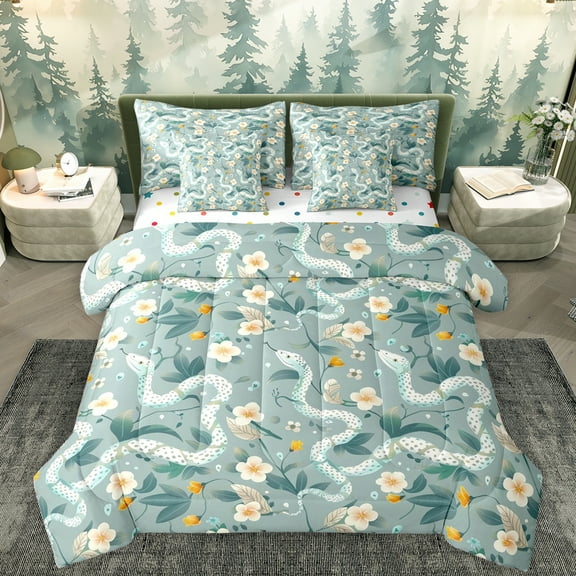 Homewish Retro Rustic Flower 7-Piece Bedding Comforter Set,Green Snake King Bedding Sets,Country Floral Bed Sheets For Boys Girls,Microfiber Bedroom Decor Reversible