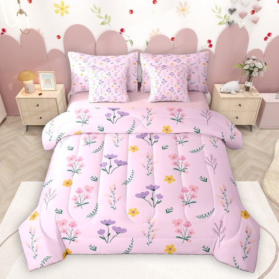 Homewish Retro Rustic Flower 7-Piece Twin Bedding Sets,Cartoon Floral Daisy Bedding Comforter Set,Pink Purple Sheet Sets For Girl Kids,Microfiber Bedroom Decor Reversible