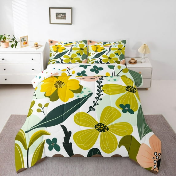 Homewish Retro Rustic Flower Bedding Comforter Set,Country Floral Twin Comforter Sets,Green Yellow Bedding Set For Girl Kids,Luxury Bedroom Decor Reversible,2 Pieces