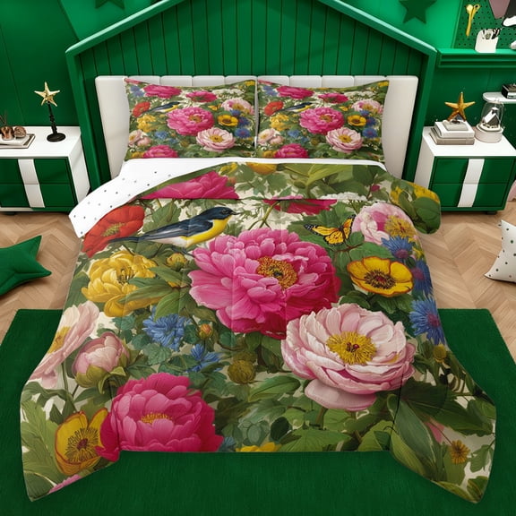 Homewish Retro Rustic Flower Bedding Comforter Set,Country Plant Twin Comforter Sets,Green Pink Bedding Set For Girls Kids,Microfiber Bedroom Decor Reversible,2-Piece