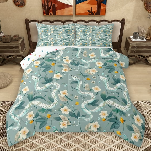 Homewish Retro Rustic Flower Bedding Comforter Set,Green Snake Twin Comforter Sets,Country Floral Bedding Set For Boys Girls,Microfiber Bedroom Decor Reversible,2-Piece