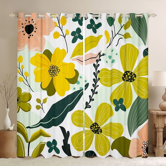 Homewish Retro Rustic Flower Black Out Curtains,Country Floral Curtains Pack of 2 (42x63 Each),Green Yellow Bedroom Curtains For Girl Kids,Luxury Bedroom Decor