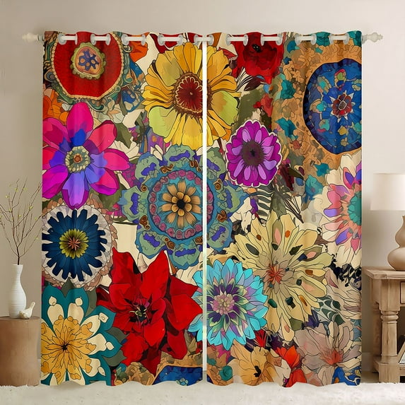 Homewish Retro Rustic Flower Blackout Curtains Set of 2 (52x84 Each),Bohemain Floral Window Curtains,Colorful Plant Curtains and Drapes For Men Women,Microfiber Bedroom Decor