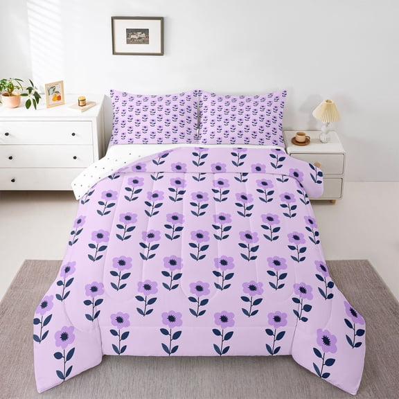 Homewish Retro Rustic Flower Full Size Comforter Sets,Cartoon Floral Daisy Bedding Comforter Set,Purple Daisy Bedding Sets For Girl Kids,Microfiber Bedroom Decor Reversible,3pcs