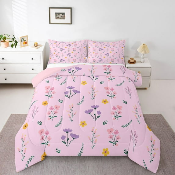 Homewish Retro Rustic Flower Queen Comforter Set,Cartoon Floral Daisy Bedding Sets,Pink Purple Bedding Comforter Set For Girl Kids,Microfiber Bedroom Decor Reversible,3 Pieces