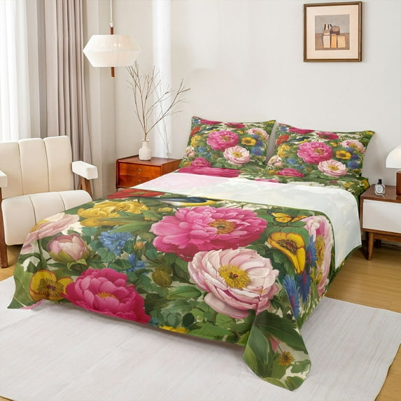 Homewish Retro Rustic Flower Queen Sheet Sets,Country Plant Flat Sheet,Green Pink Queen Fitted Sheet For Girls Kids,Microfiber Bedroom Decor,4pcs