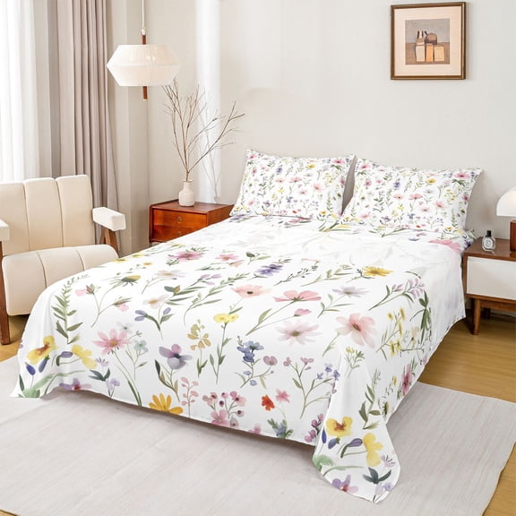 Homewish Plant White Green Queen 4-Piece Reversible Kids Retro Rustic Floral Sheet Set