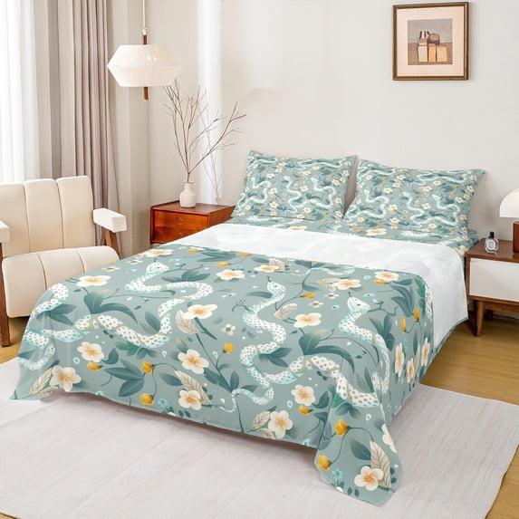 Homewish Retro Rustic Flower Twin Sheet Sets,Green Snake Twin Fitted Sheet,Country Floral Flat Sheet For Boys Girls,Microfiber Bedroom Decor,3-Piece